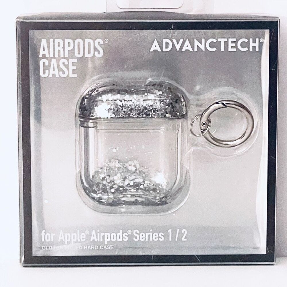 NWT ADVANTECH Clear case cover Apple AirPods Series 1 & 2 Silver Glitter Keyring